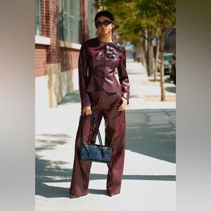 Fashion Nova Gianna Faux Leather Burgundy Women's  Set. Size L Top, M Pants.